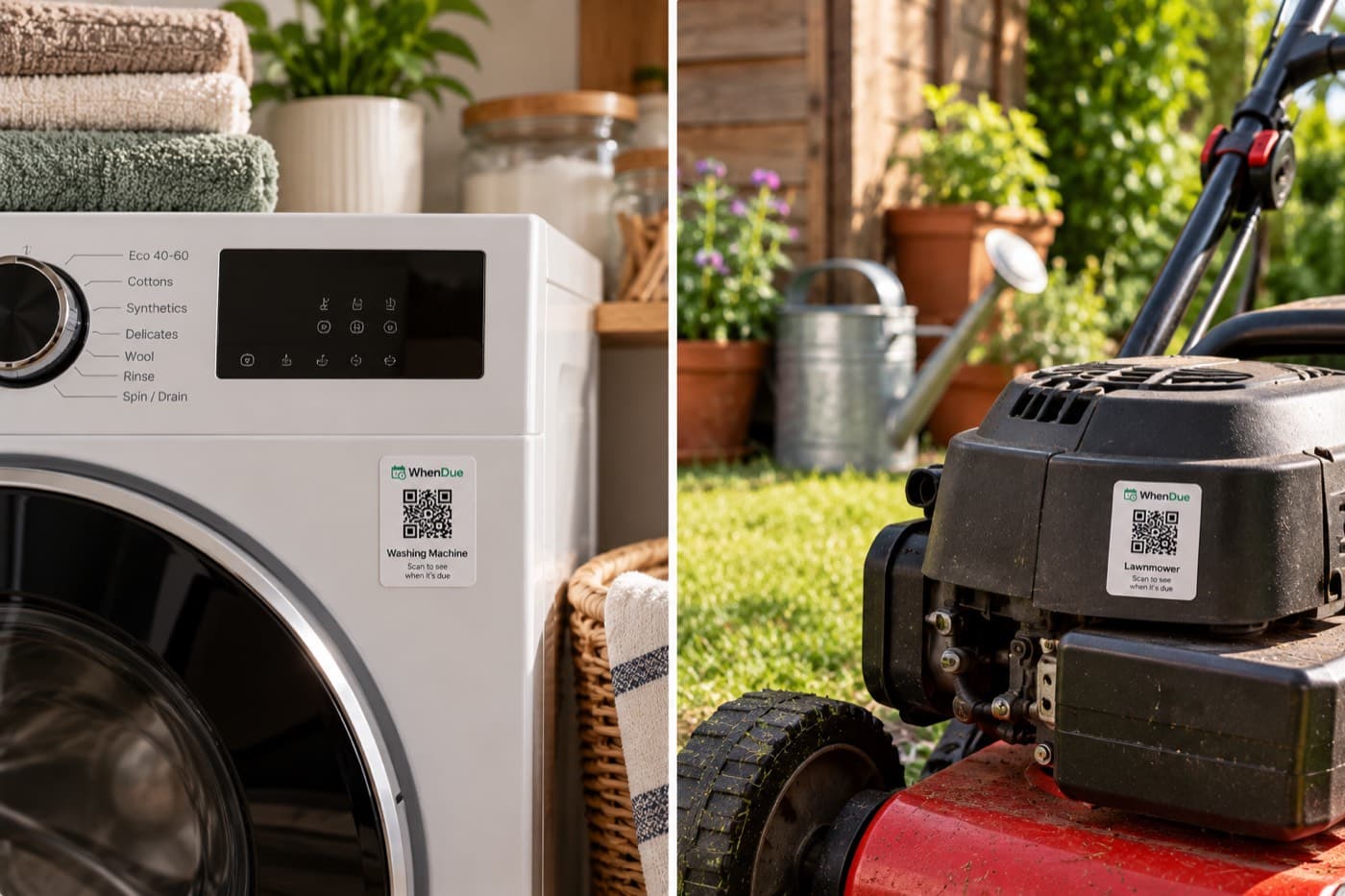 A washing machine and a lawnmower, each with a QR sticker
