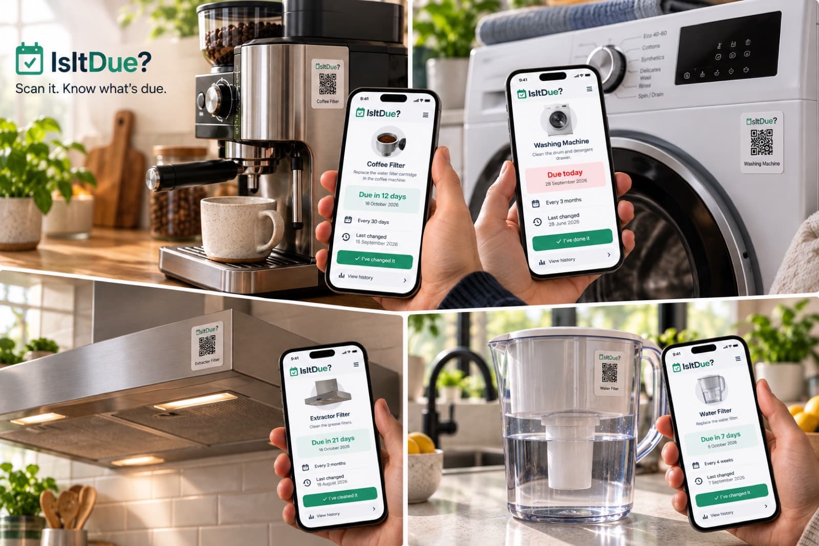 QR stickers on a coffee machine, washing machine, extractor, and water filter, each opened on a phone