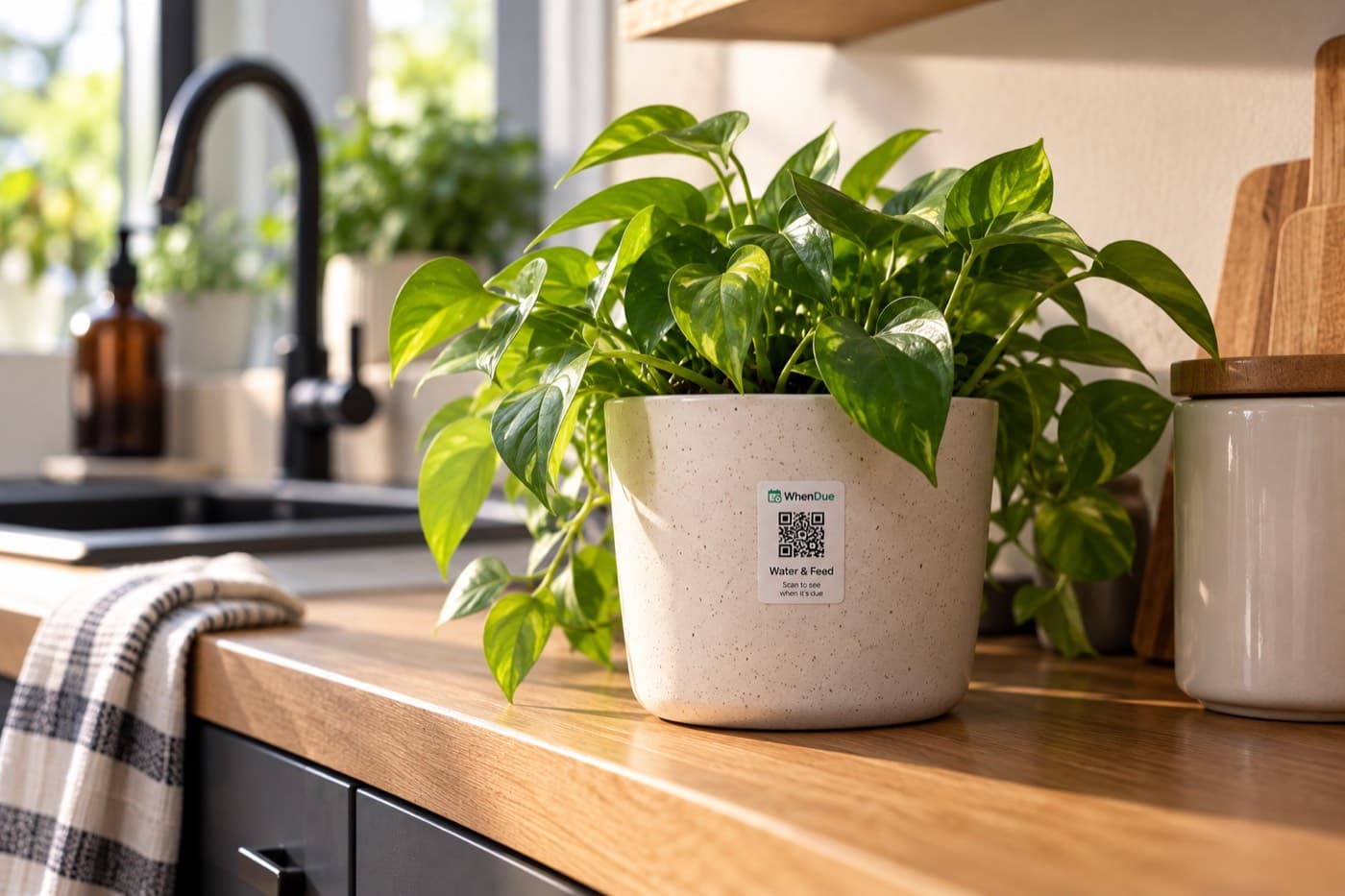 A houseplant with a small QR sticker on the pot